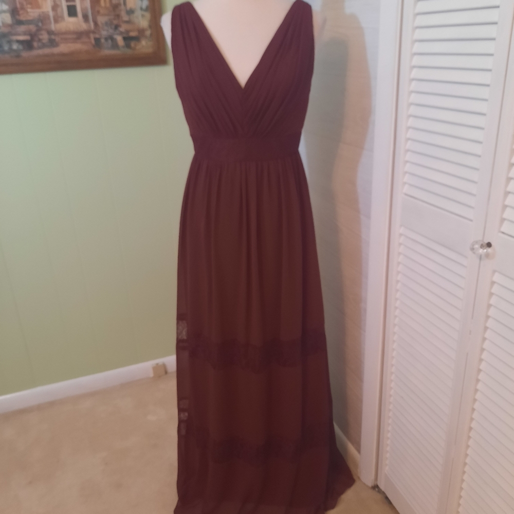 Davids bridal lace ruched chiffon wine maxi dress gown sz 6 *D1 - Picture 7 of 8